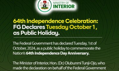 FG Declares October 1 Public Holiday for Nigeria's 64th Independence Anniversary