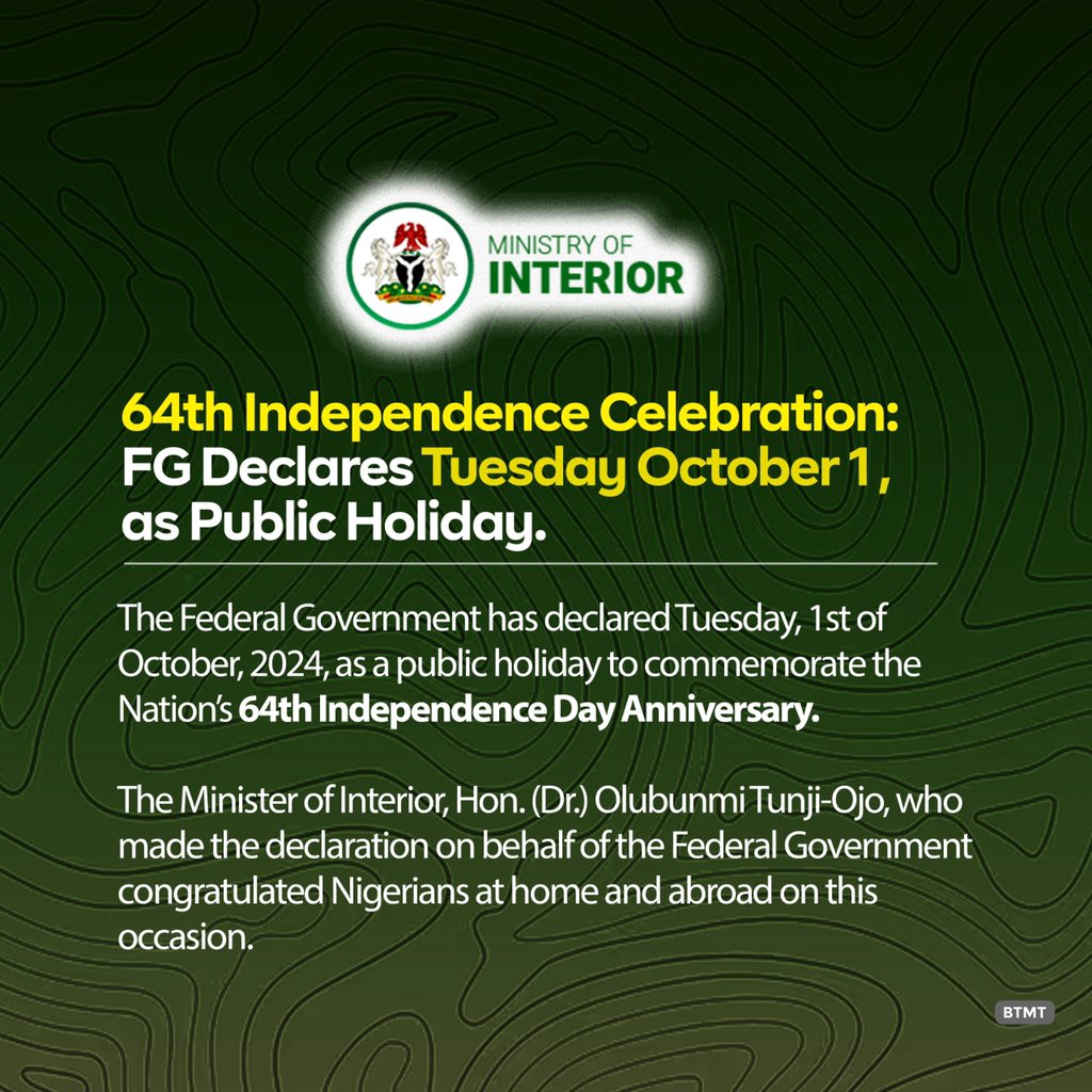 FG Declares October 1 Public Holiday for Nigeria's 64th Independence Anniversary