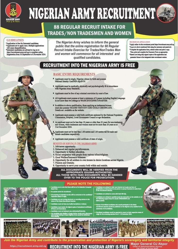 Apply for Free: Nigerian Army 88 Regular Recruit Intake - Recruitment Ongoing