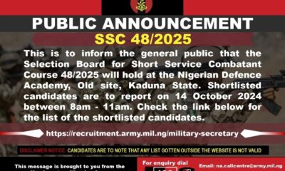 Full List Of Nigerian Army SSC Course 48 2025 Shortlisted Candidates