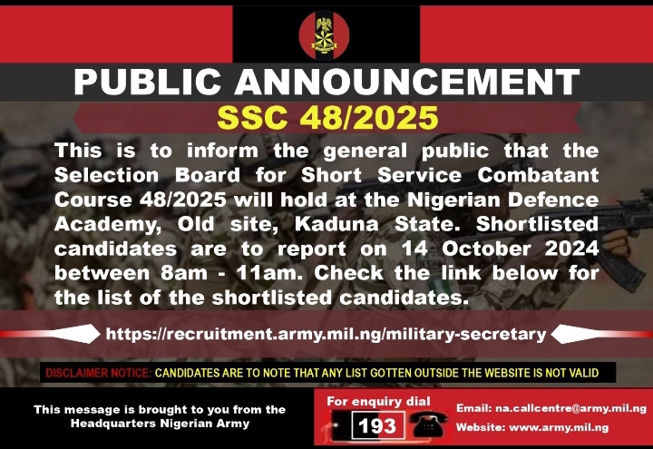 Full List Of Nigerian Army SSC Course 48 2025 Shortlisted Candidates